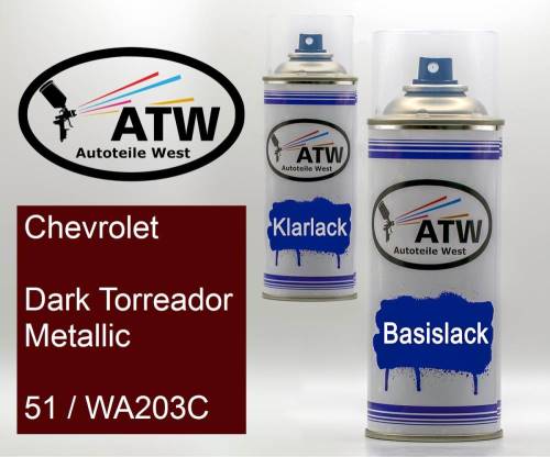 Chevrolet, Dark Torreador Metallic, 51 / WA203C: 400ml Sprühdose + 400ml Klarlack - Set, von ATW Autoteile West.